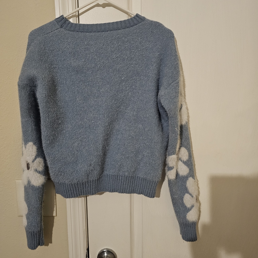 Light Blue Crewneck Sweater with Floral Sleeves - Picture 2 of 2